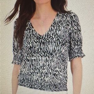 INC smocked-trim M Black and White Women's Top